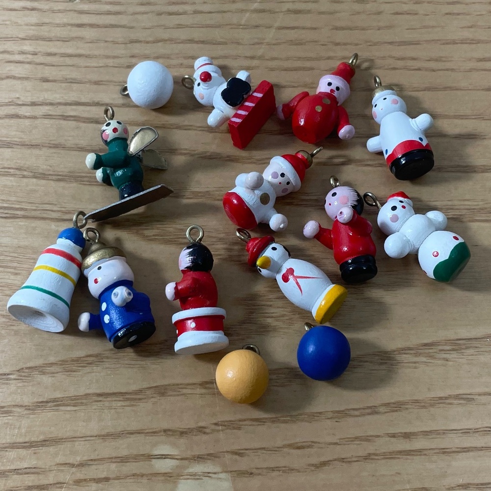 Vtg Mini Wood Christmas Ornaments Penguin Angel Bell German Hand Painted Set 14